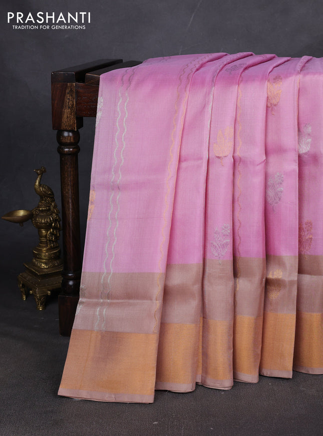 Pure uppada silk saree light pink and beige with allover zari stripe & butta and zari woven border