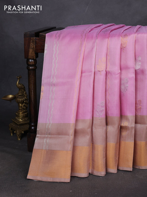 Pure uppada silk saree light pink and beige with allover zari stripe & butta and zari woven border