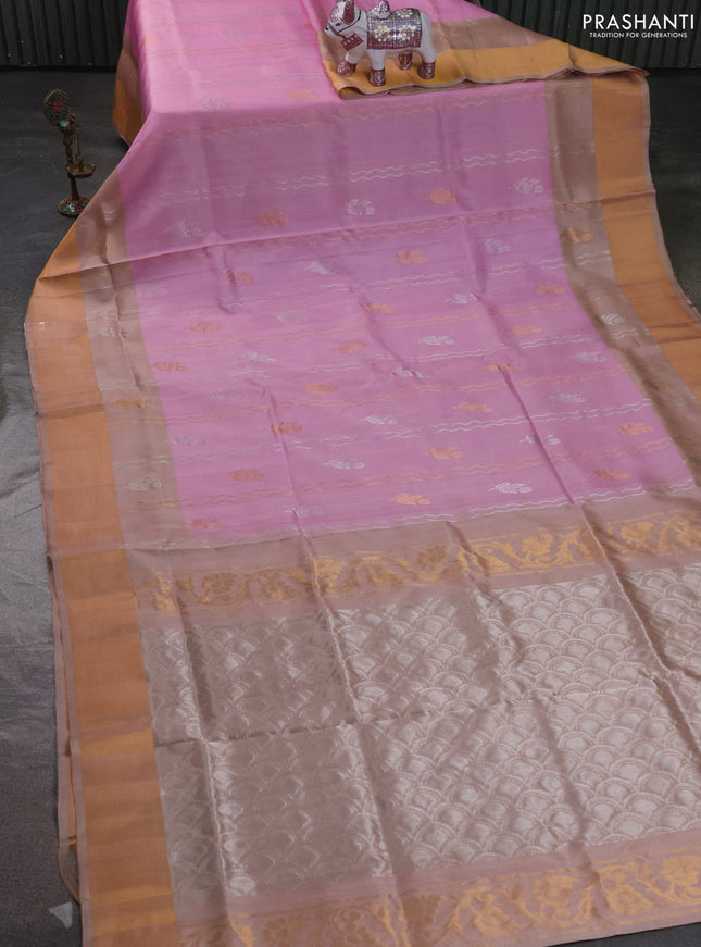Pure uppada silk saree light pink and beige with allover zari stripe & butta and zari woven border