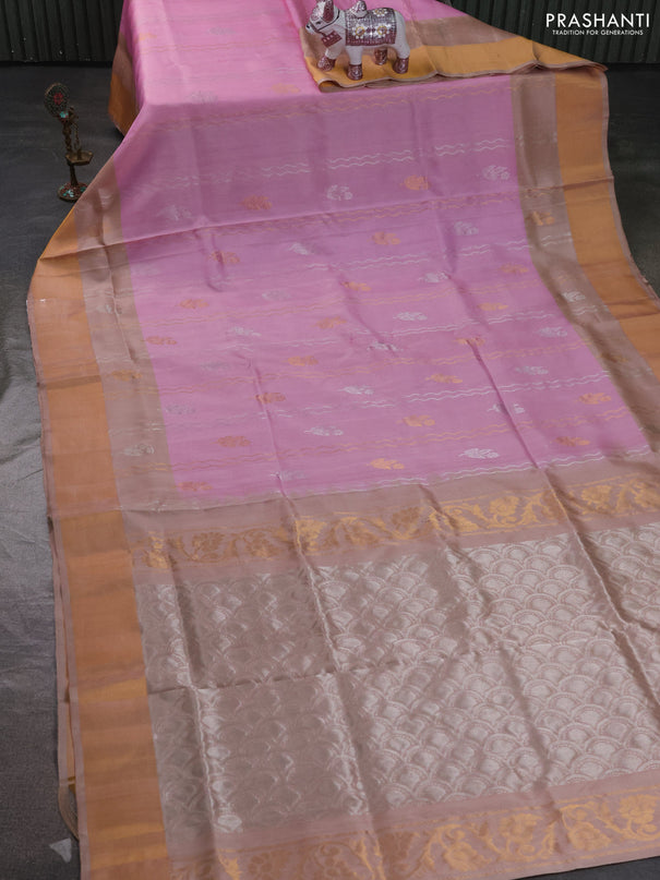 Pure uppada silk saree light pink and beige with allover zari stripe & butta and zari woven border