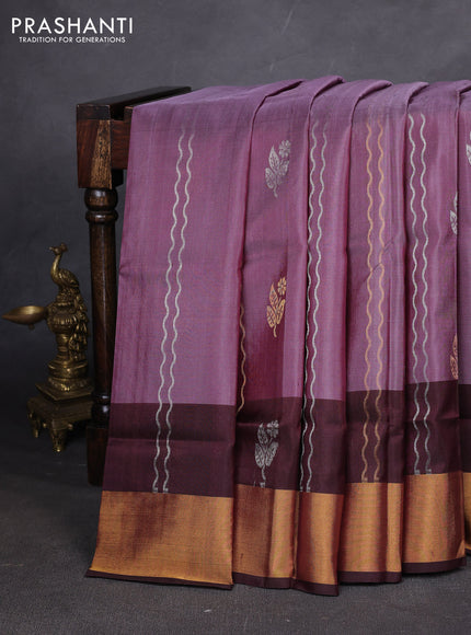 Pure uppada silk saree wine shade and coffee brown with allover zari stripe & butta and zari woven border