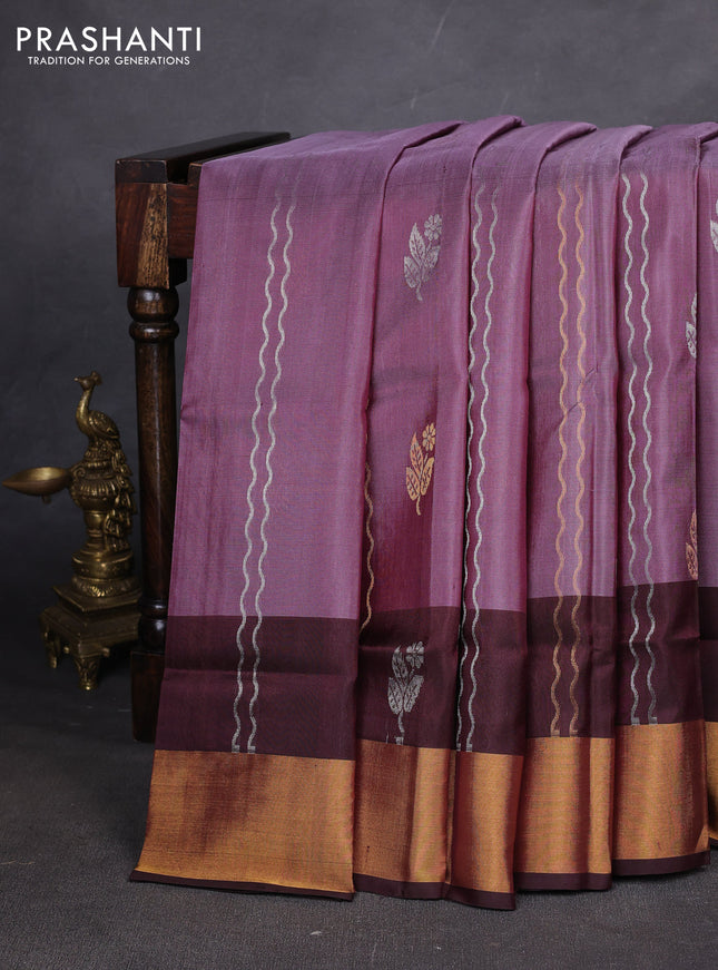 Pure uppada silk saree wine shade and coffee brown with allover zari stripe & butta and zari woven border