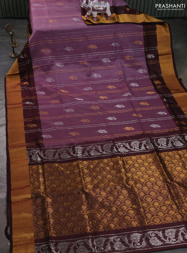 Pure uppada silk saree wine shade and coffee brown with allover zari stripe & butta and zari woven border