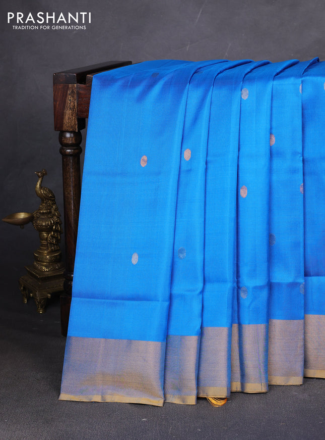 Pure uppada silk saree cs blue and mustard yellow with allover silver & zari woven buttas and zari woven border