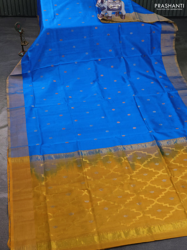Pure uppada silk saree cs blue and mustard yellow with allover silver & zari woven buttas and zari woven border