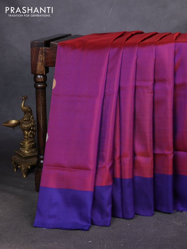 Pure uppada silk saree wine shade and navy blue with allover coin silver & zari woven buttas and simple border