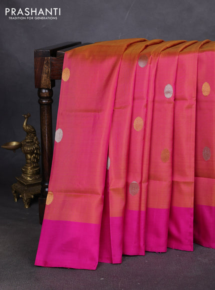 Pure uppada silk saree dual shade of pinkish orange and pink with allover silver & zari coin buttas and simple border