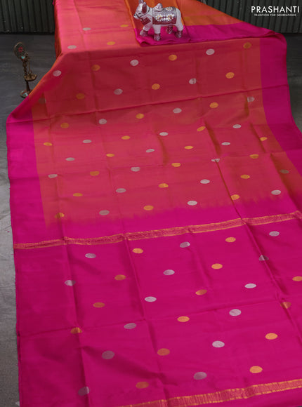 Pure uppada silk saree dual shade of pinkish orange and pink with allover silver & zari coin buttas and simple border