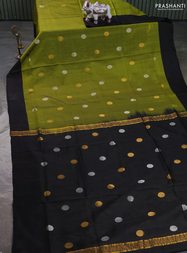 Pure uppada silk saree light green and black with allover silver & zari coin buttas and simple border