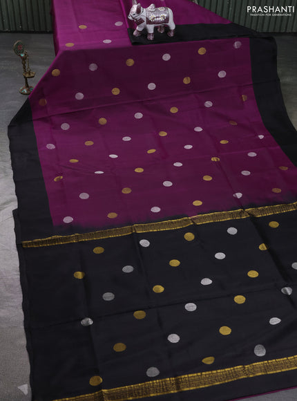 Pure uppada silk saree dark magenta pink and black with allover silver & zari coin buttas and simple border