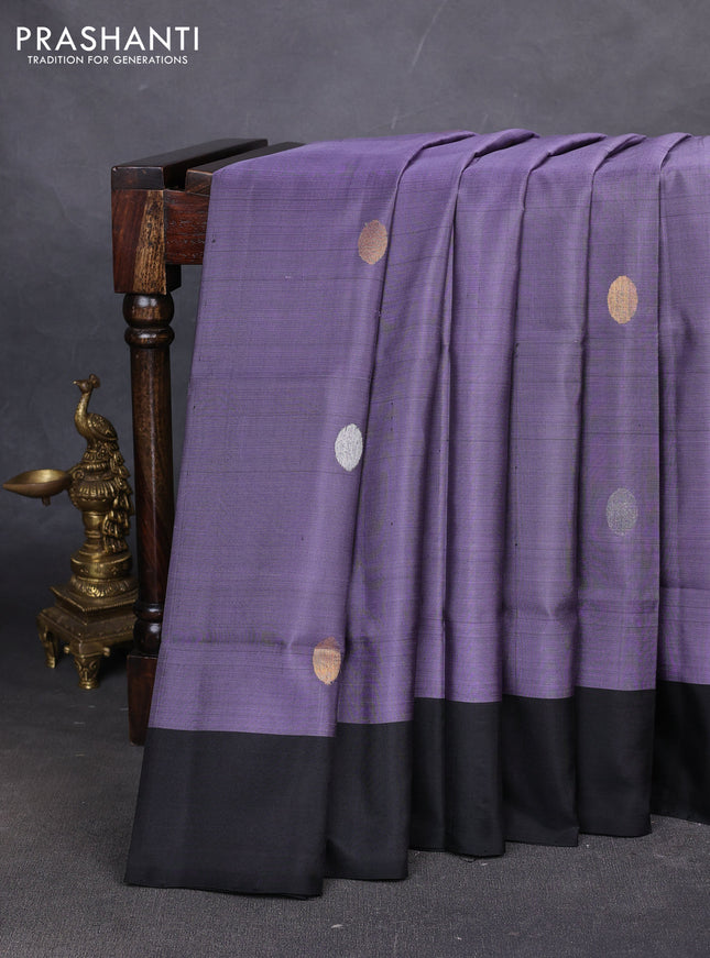 Pure uppada silk saree pastel purple and black with allover silver & zari coin buttas and simple border