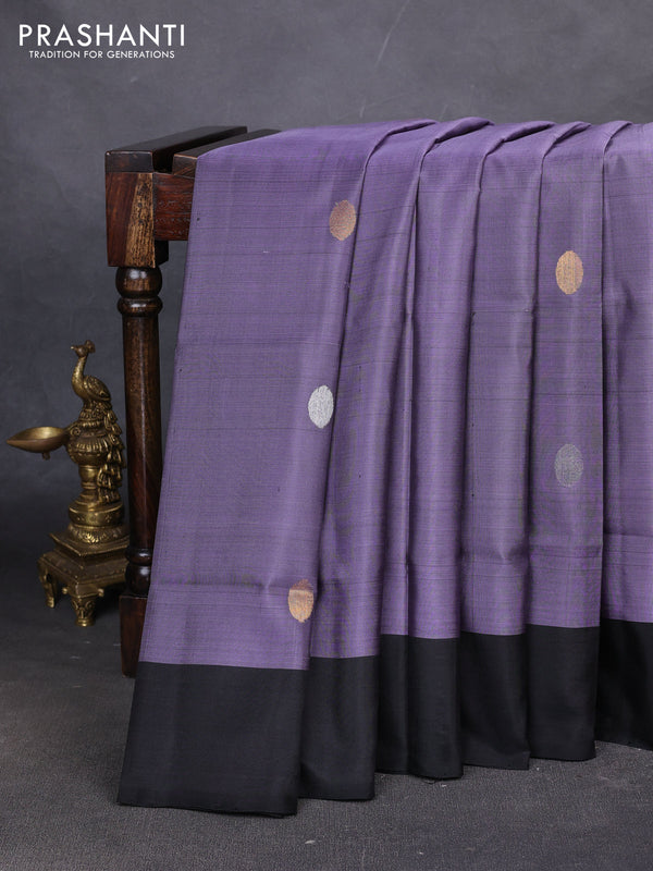 Pure uppada silk saree pastel purple and black with allover silver & zari coin buttas and simple border