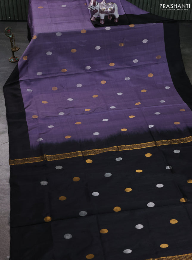 Pure uppada silk saree pastel purple and black with allover silver & zari coin buttas and simple border
