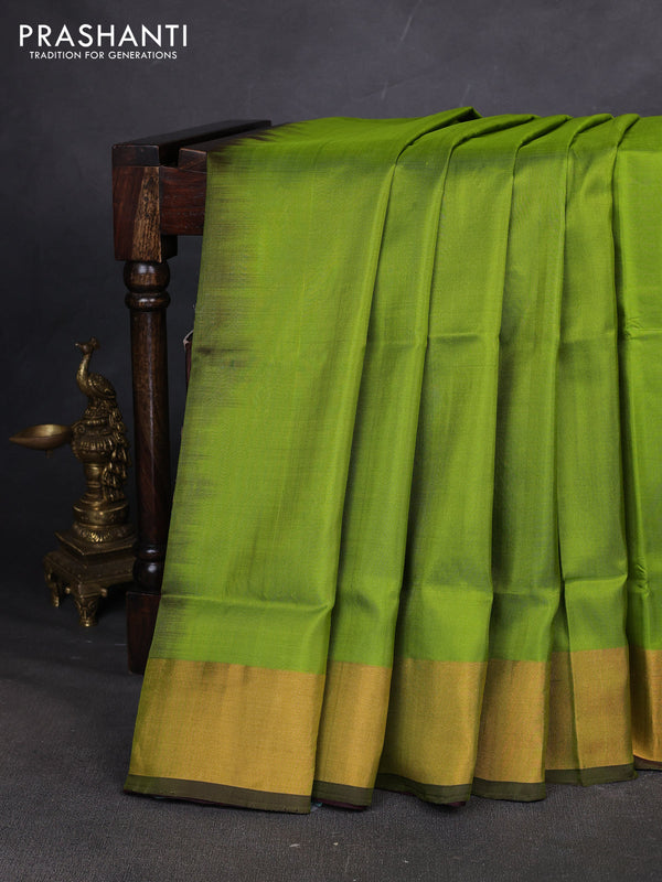Pure uppada silk saree light green and coffee brown with plain body and zari woven border