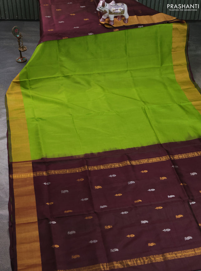 Pure uppada silk saree light green and coffee brown with plain body and zari woven border