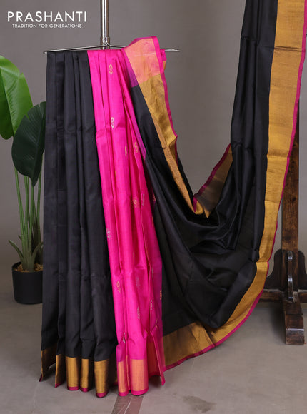 Pure uppada partly silk saree black and dark pink with plain body and zari woven border