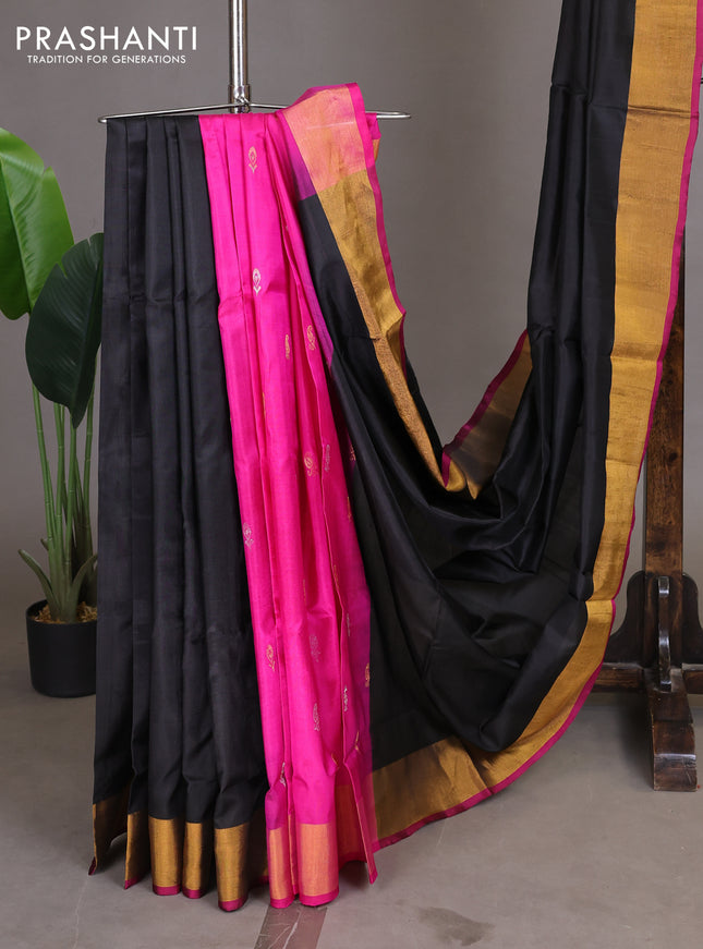 Pure uppada partly silk saree black and dark pink with plain body and zari woven border