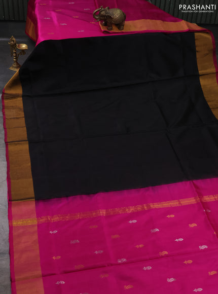 Pure uppada partly silk saree black and dark pink with plain body and zari woven border