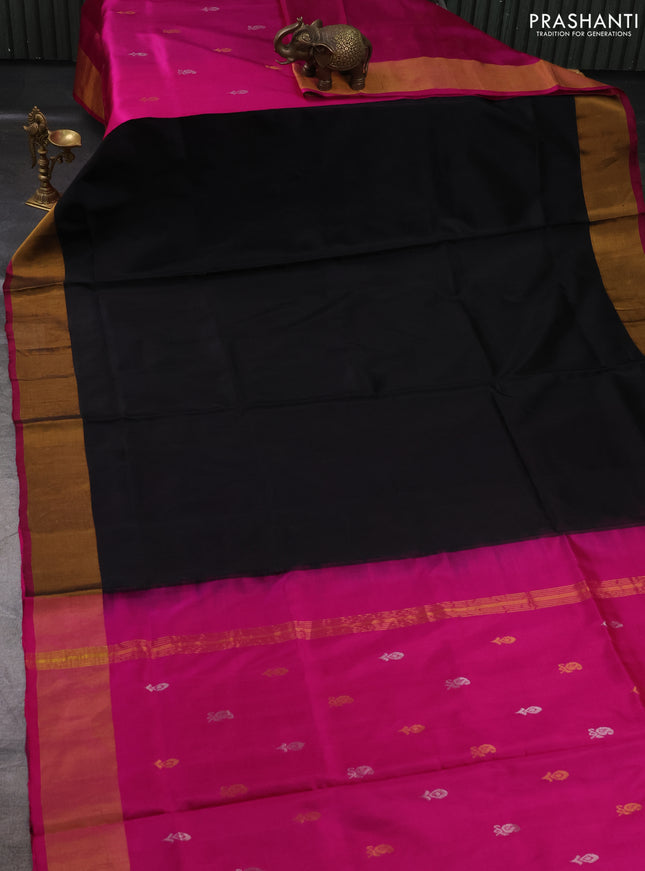 Pure uppada partly silk saree black and dark pink with plain body and zari woven border