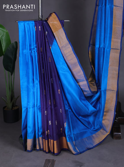 Pure uppada partly silk saree cs blue and navy blue with plain body and zari woven border