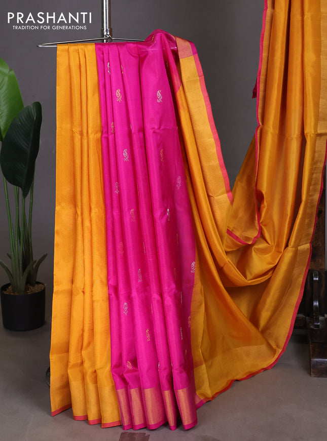 Pure uppada partly silk saree yellow and pink with plain body and zari woven border