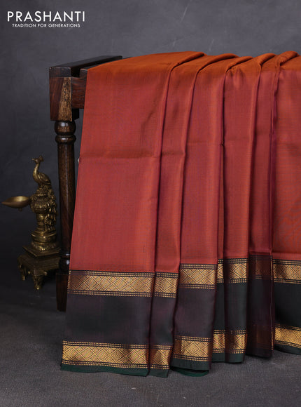 Pure uppada silk saree rust shade and bottle green with plain body and long rettapet zari woven border