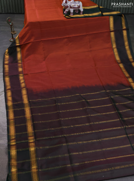 Pure uppada silk saree rust shade and bottle green with plain body and long rettapet zari woven border