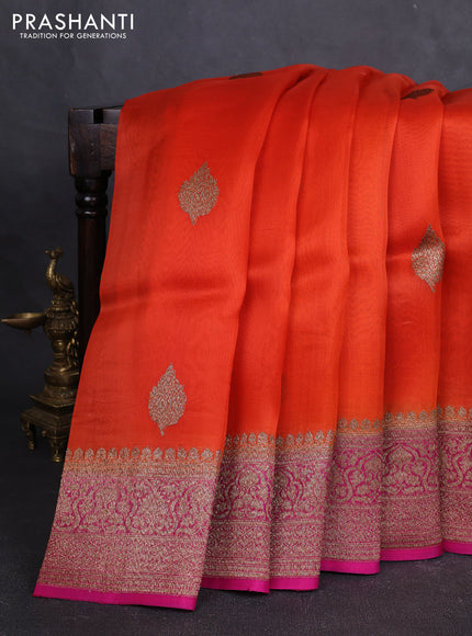 Banarasi organza silk saree orange and pink with allover thread & zari woven buttas and banarasi style border