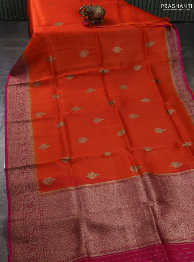Banarasi organza silk saree orange and pink with allover thread & zari woven buttas and banarasi style border