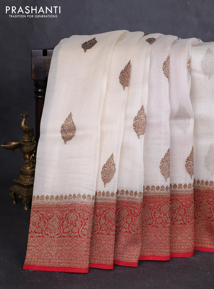 Banarasi organza silk saree off white and red with allover thread & zari woven buttas and banarasi style border