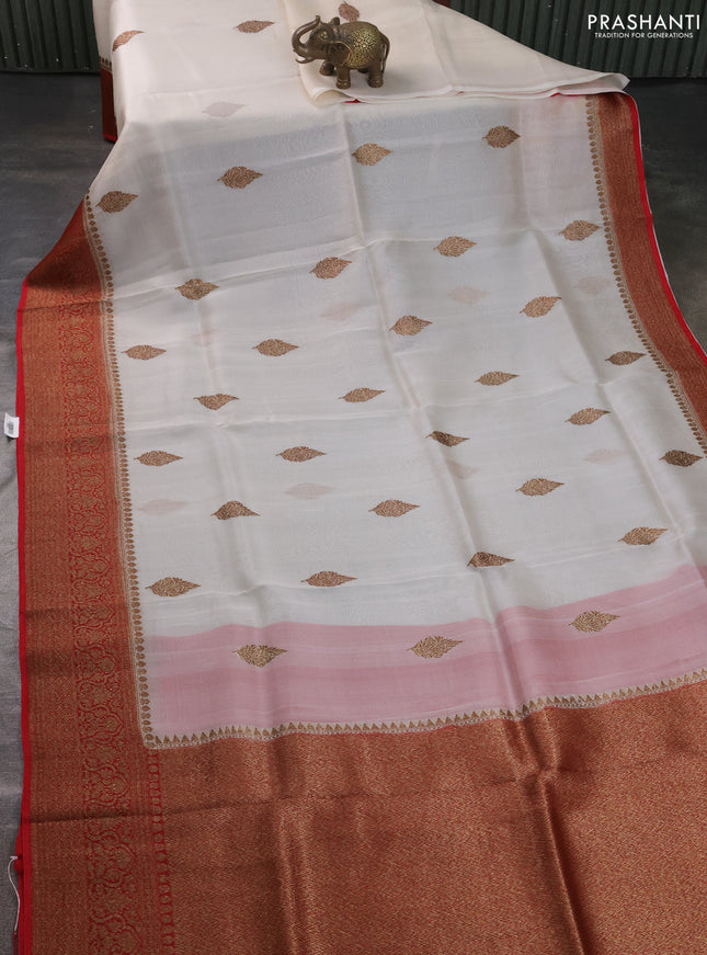 Banarasi organza silk saree off white and red with allover thread & zari woven buttas and banarasi style border