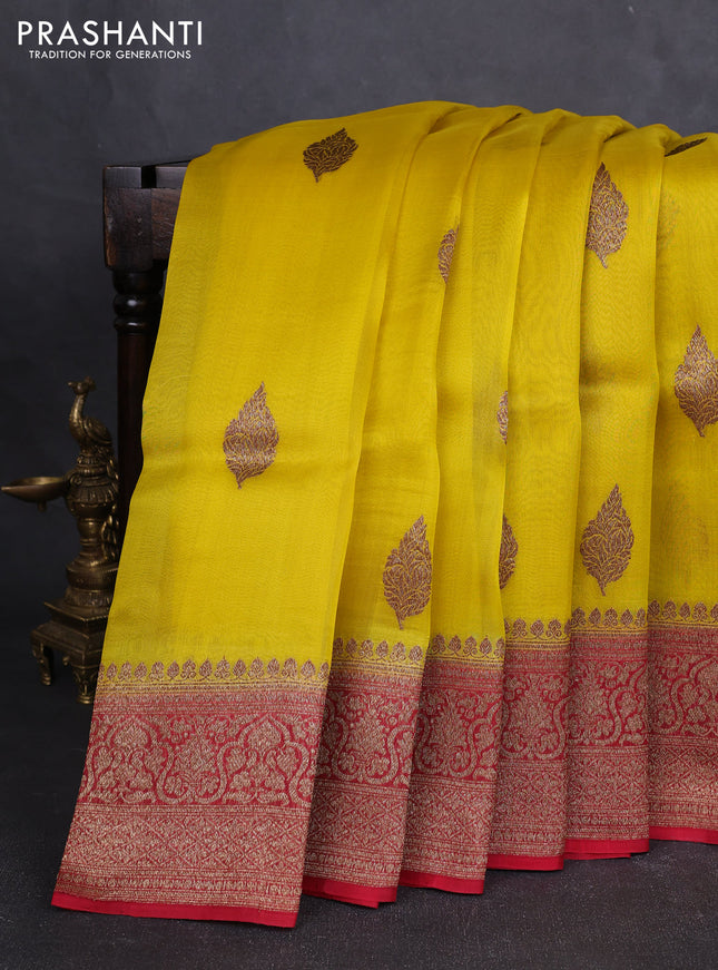 Banarasi organza silk saree yellow and red with allover thread & zari woven buttas and banarasi style border