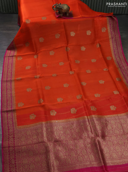 Banarasi organza silk saree orange and pink with allover thread & zari woven buttas and banarasi style border