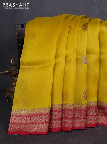 Banarasi organza silk saree yellow and red with allover thread & zari woven buttas and banarasi style border