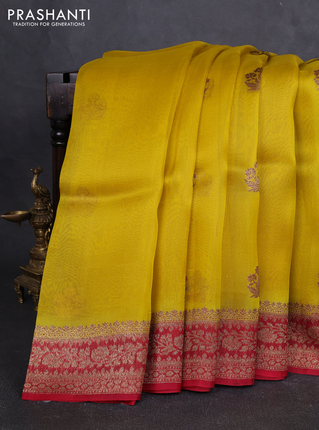 Banarasi organza silk saree yellow and red with allover thread & zari woven buttas and banarasi style border
