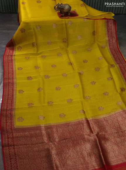 Banarasi organza silk saree yellow and red with allover thread & zari woven buttas and banarasi style border
