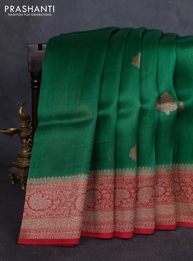 Banarasi organza silk saree green and red with allover thread & zari woven buttas and banarasi style border