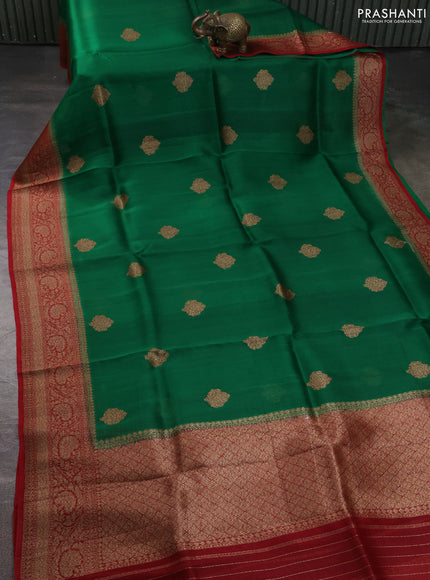 Banarasi organza silk saree green and red with allover thread & zari woven buttas and banarasi style border
