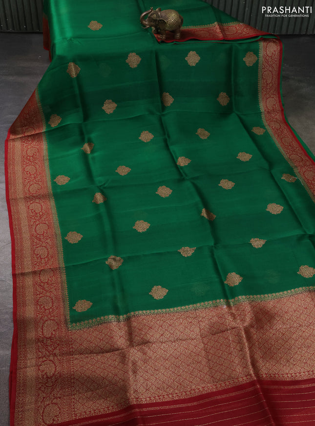 Banarasi organza silk saree green and red with allover thread & zari woven buttas and banarasi style border