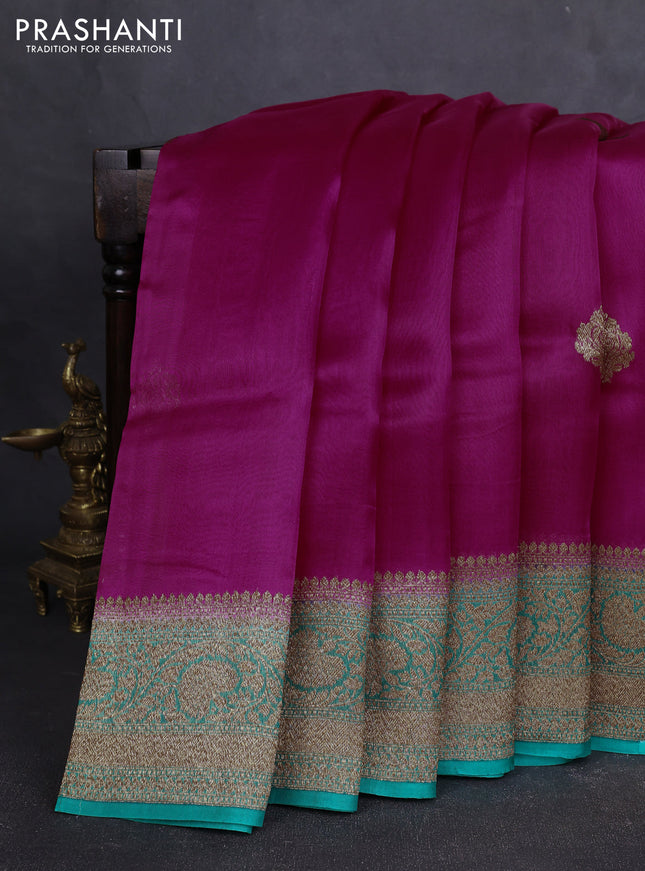 Banarasi organza silk saree pink and teal green with allover thread & zari woven buttas and banarasi style border