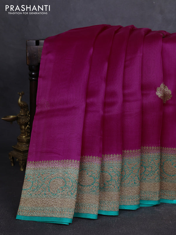 Banarasi organza silk saree pink and teal green with allover thread & zari woven buttas and banarasi style border