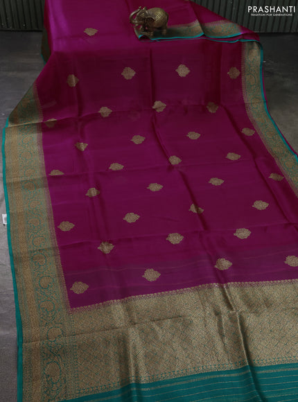 Banarasi organza silk saree pink and teal green with allover thread & zari woven buttas and banarasi style border