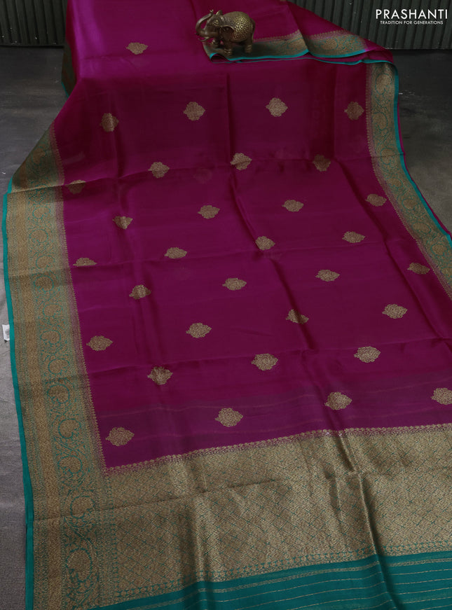 Banarasi organza silk saree pink and teal green with allover thread & zari woven buttas and banarasi style border