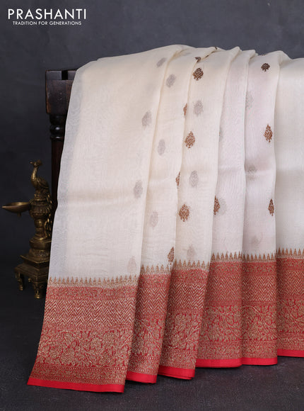 Banarasi organza silk saree off white and red with allover thread & zari woven buttas and banarasi style border