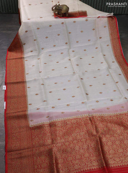 Banarasi organza silk saree off white and red with allover thread & zari woven buttas and banarasi style border