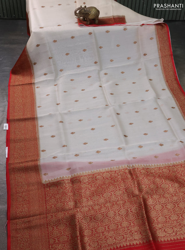 Banarasi organza silk saree off white and red with allover thread & zari woven buttas and banarasi style border