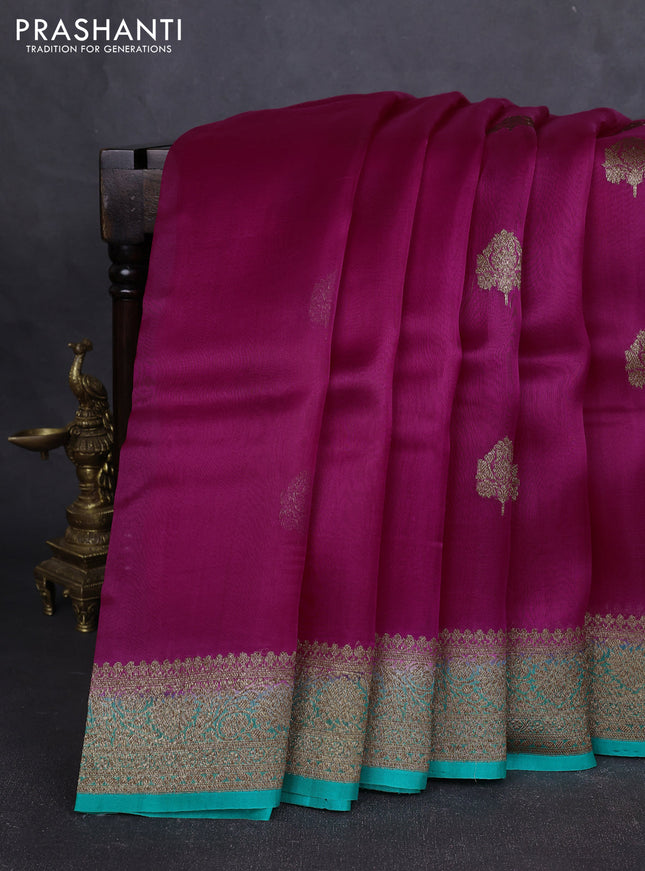 Banarasi organza silk saree magenta pink and teal green with allover thread & zari woven buttas and banarasi style border