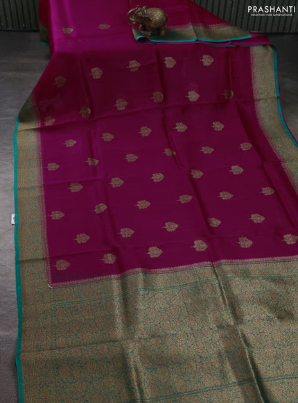 Banarasi organza silk saree magenta pink and teal green with allover thread & zari woven buttas and banarasi style border