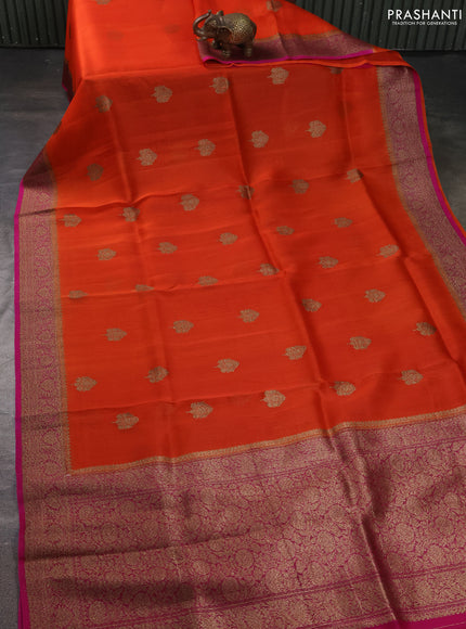 Banarasi organza silk saree orange and pink with allover thread & zari woven buttas and banarasi style border