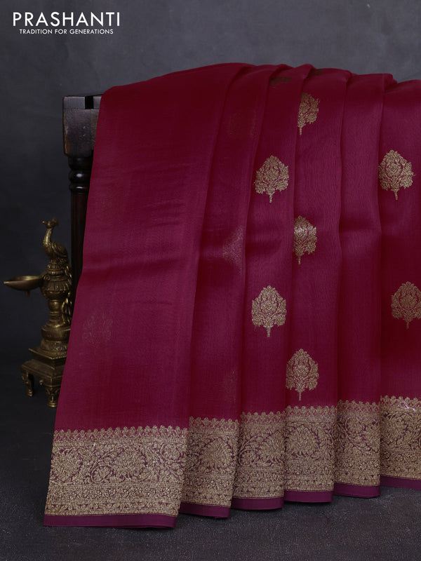 Banarasi organza silk saree maroon and coffee brown with allover thread & zari woven buttas and banarasi style border
